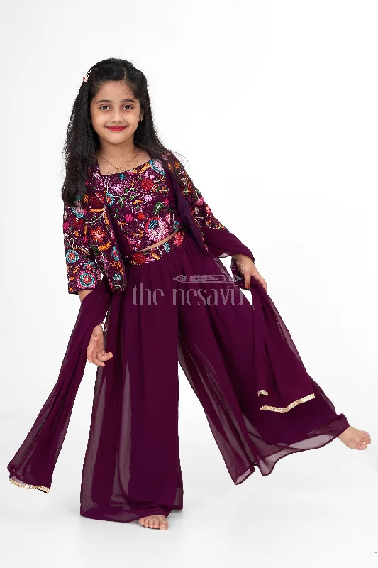 Plazo Set for Women with Floral Embroidered Georgette Jacket, Perfect for Festive Gatherings and Celebrations Denim Fabric Leather Fabric Suede Fabric