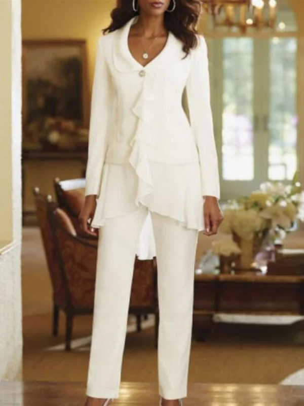 White V-Neck Long Sleeves Floor Length Mother of the Bride Pantsuits With Ruffle Relaxed Fit Trousers