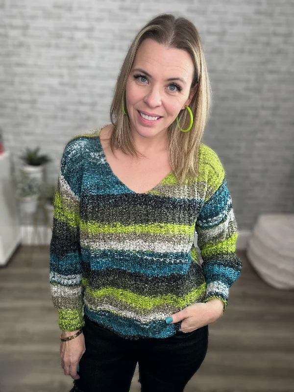 Lime Green & Teal Striped V-Neck Sweater Satin Blend Silk Blend Wool Blend