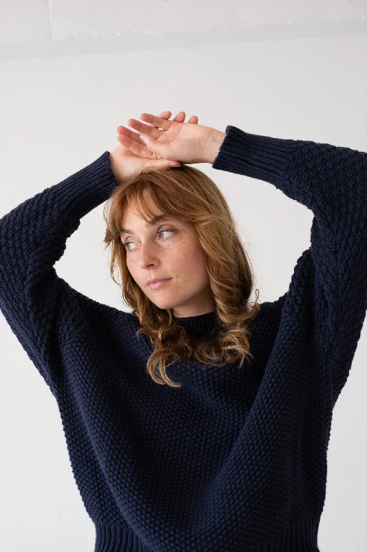 Turner Organic Cotton Sweater Navy Blue Seamless Knitted Crochet
