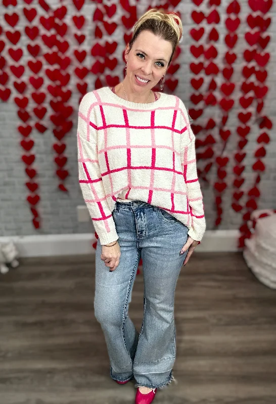 Falling for You Ivory and Pink Plaid Sweater by Jess Lea Mesh Blend Leather Blend Suede Blend