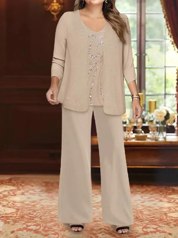 Chiffon V-Neck Floor-Length 3 Pieces Plus Size Mother of the Bride Pantsuits with Jacket & Sequins Trendy Wide-Legged Trousers