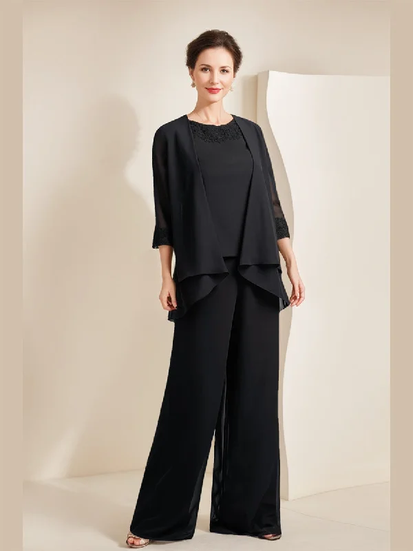 Black Chiffon Scoop 3/4 Sleeves Mother of the Bride Pantsuits with Appliques & Jacket Sleek Black Pants