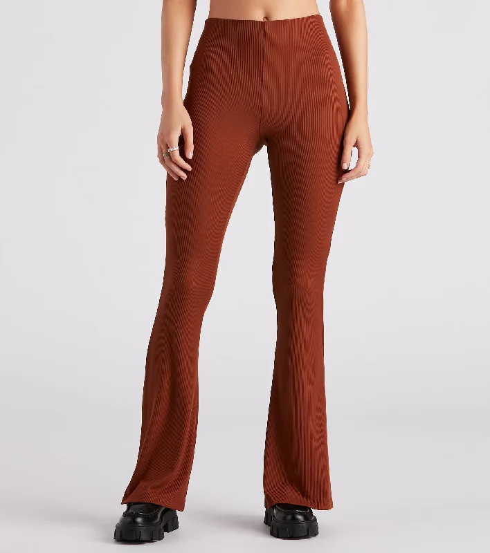 Trendy Babe Ribbed Knit Flare Pants Classic Straight Pants