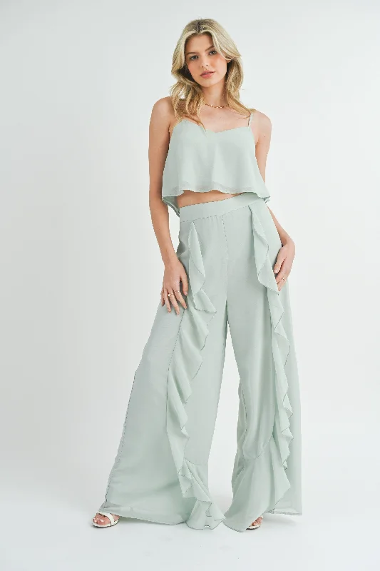 Crop Cami Top & Ruffled Palazzo Pants Set Casual Wide Pants