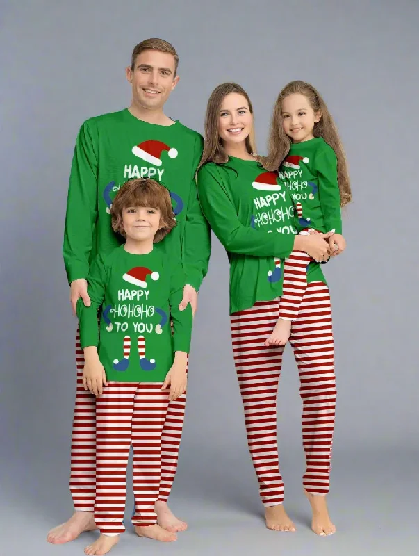 Family Matching Christmas Pajamas - "Happy Ho Ho Ho To You" Elf Design with Striped Pants Casual Lounge Pants