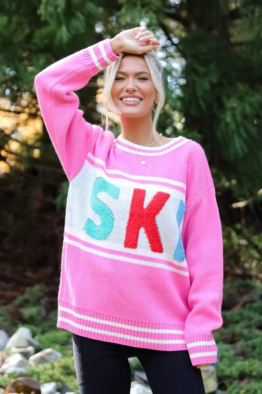 FINAL SALE - Found The Warmth Pink Ski Varsity Sweater Tailored Straight A-Line