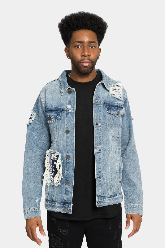 Distressed Bandana Paisley Patched Denim Jacket Rayon Fabric Velvet Fabric Corduroy Fabric Distressed Bandana Paisley Patched Denim Jacket Rayon Fabric Velvet Fabric Corduroy Fabric