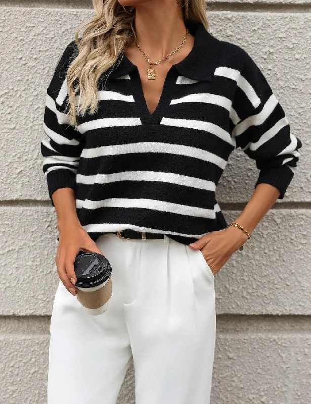 Ladies Striped Turndown Collar Knit Sweater E2374 High Neck Crew Neck V-Neck
