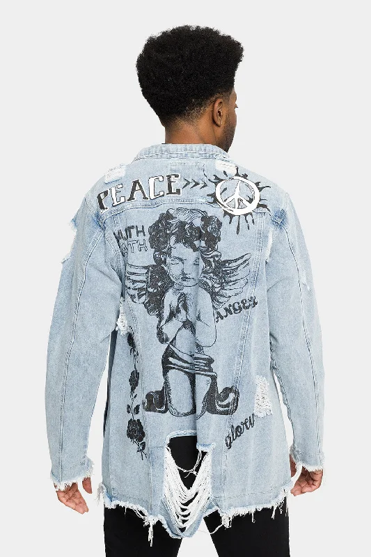 Angel Print Distressed Jacket Collared Jacket Crew Neck Jacket Turtle Neck Jacket