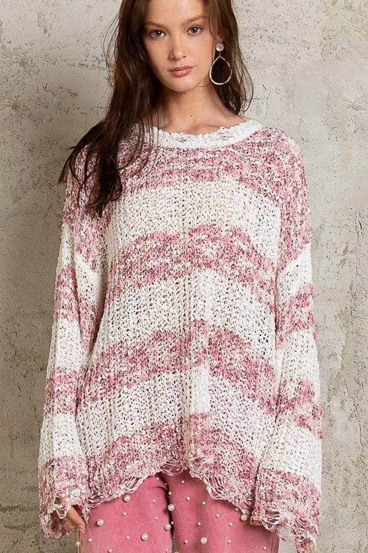 POL Distressed Lightweight Open Knit Sweater - Mauve Multi Sequined Glittery Shiny