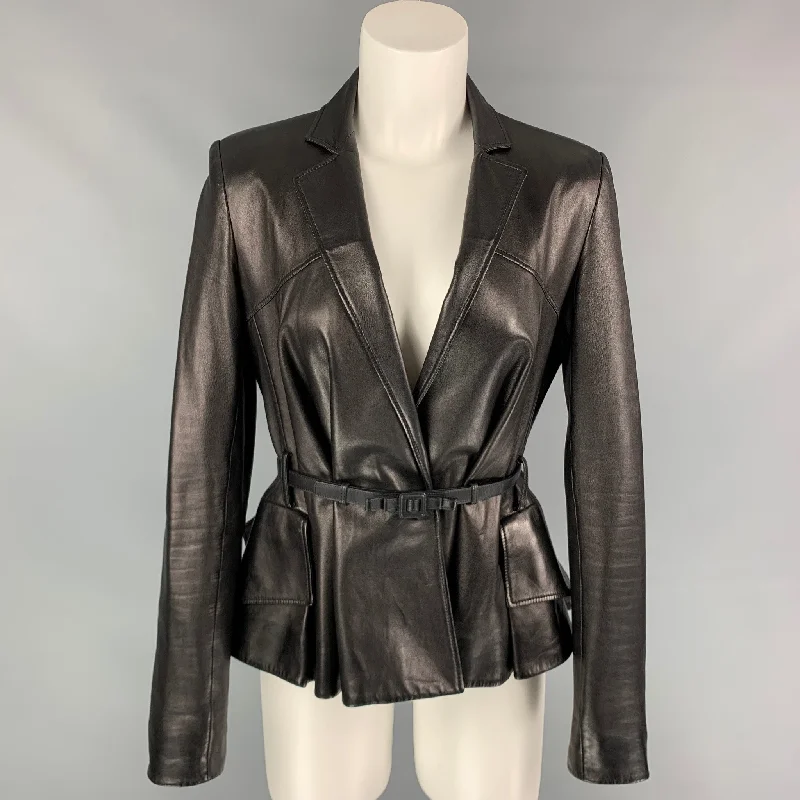 CHRISTIAN DIOR Size 6 Black Leather Belted Flare Jacket Lace Jacket Ribbed Jacket Sequined Jacket CHRISTIAN DIOR Size 6 Black Leather Belted Flare Jacket Lace Jacket Ribbed Jacket Sequined Jacket