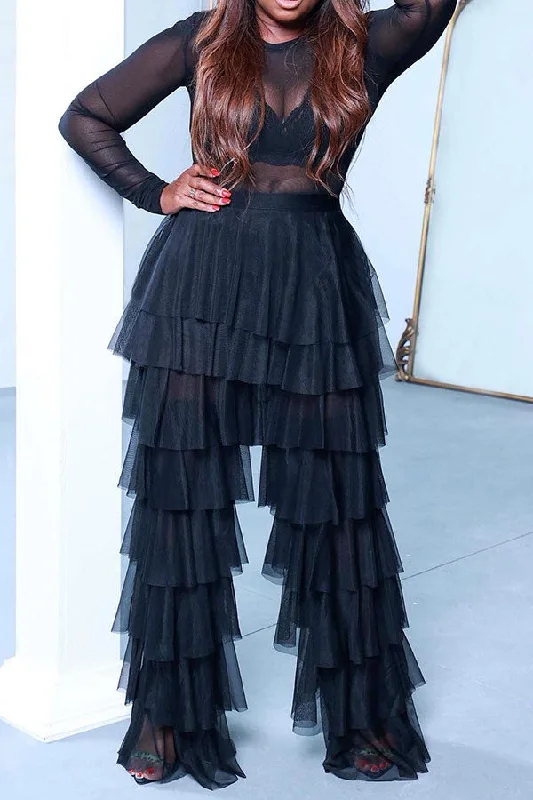 storexq Solid Color Whimsical Mesh Tiered Ruffle Pants Classic Straight-Leg Pants