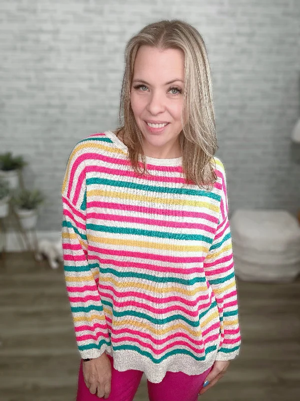 White Fuchsia Teal Striped Lightweight Summer Sweater Modern Contemporary Chic