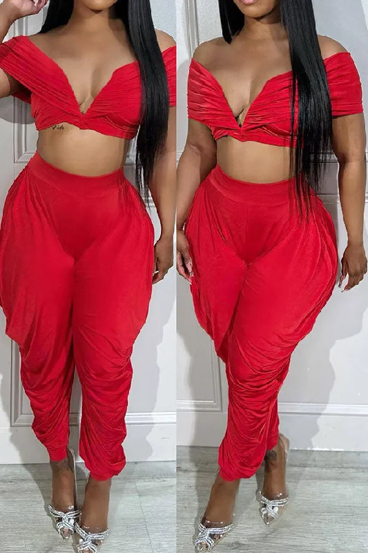 storexq Solid Color Off Shoulder Flattering Draped Pant Suit Classic Bootcut Trousers