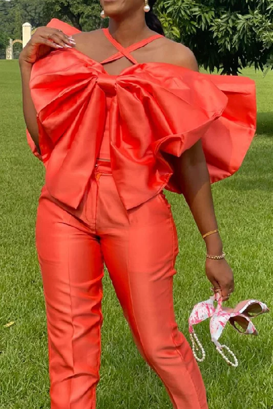 storexq Solid Color Cross Halter Striking Bowknot Design Pant Suit Fashionable Button-Up Pants