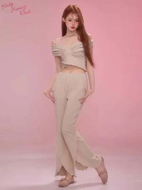 One Shoulder Halter Top Split Flare Pants Set【s0000006600】 Soft Stretch Trousers