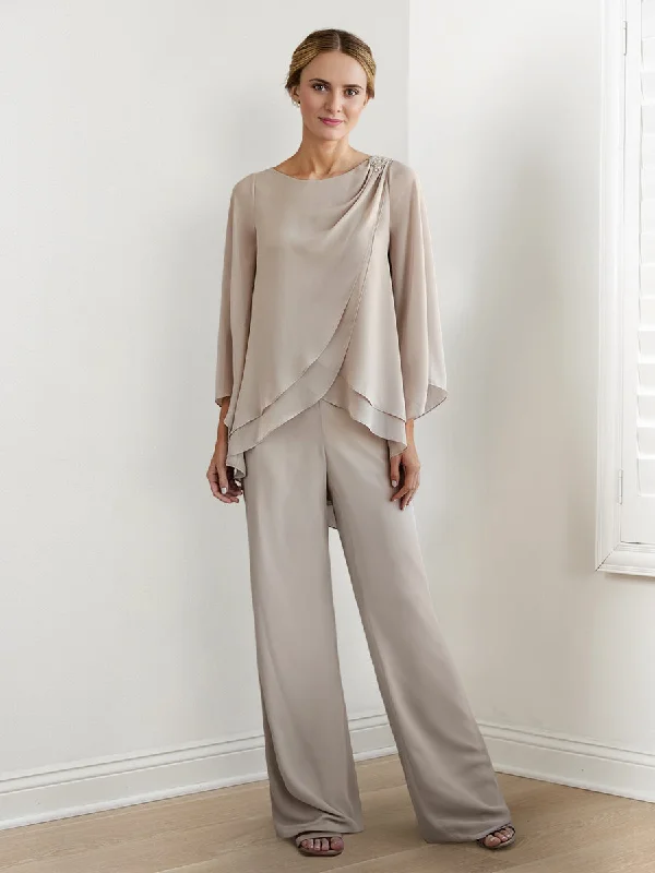 Chiffon Long Sleeves Mother Of The Bride Pantsuits Relaxed Casual Leggings