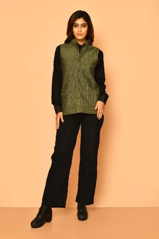 Olive Green Handloom Cotton Nehru Jacket for Women Print Jacket Jacquard Jacket Embroidered Jacket