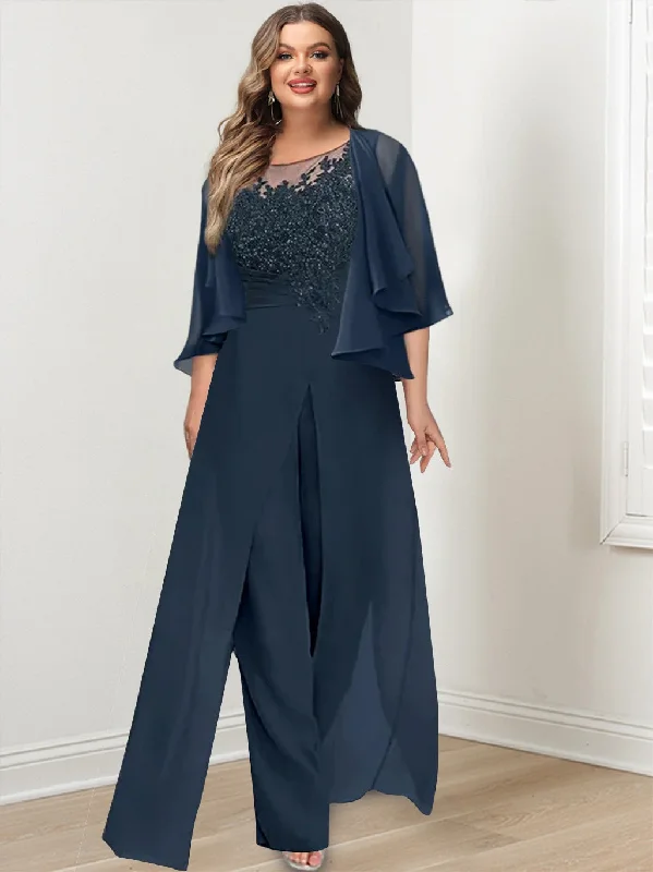 A-Line/Princess Scoop Floor-Length Plus Size Mother of the Bride Pantsuits with Jacket, Split Side & Appliques Elegant Trouser Pants