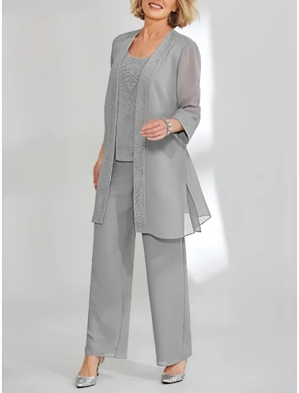 Chiffon Scoop Ankle-Length Mother of the Bride Pantsuits with Jacket Soft Stretch Pants