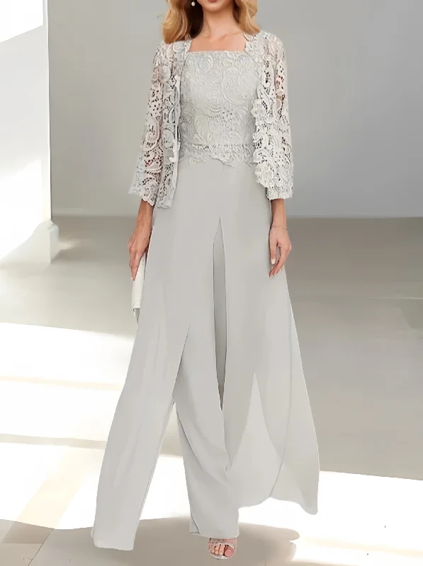 Chiffon Square Neck Floor-Length Mother of the Bride Pantsuits with Jacket & Split Side Chic Wool Trousers