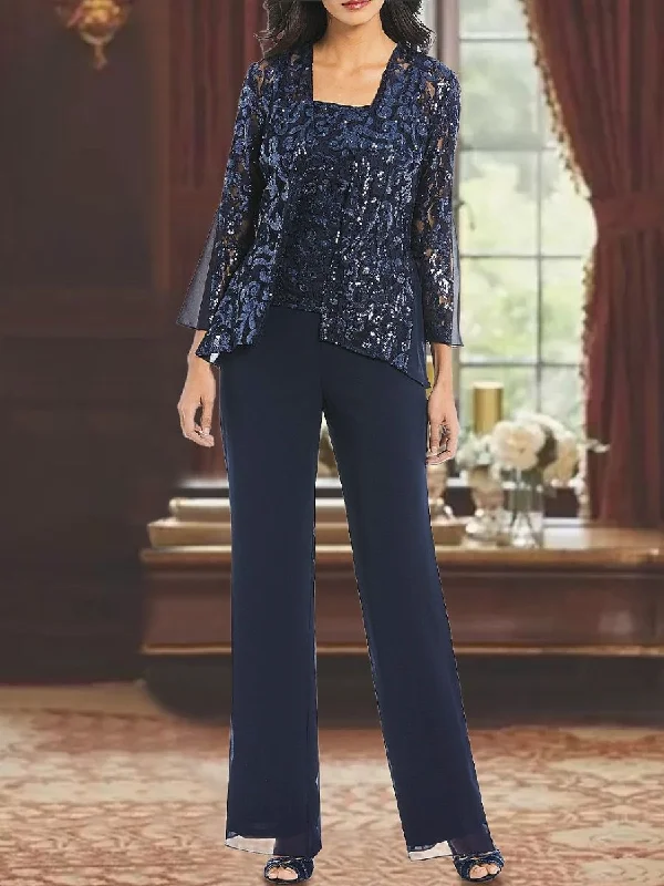 3 Piece Chiffon Square Neck Ankle-Length Mother Of The Bride Pantsuits With Applique Comfortable Cargo Pants
