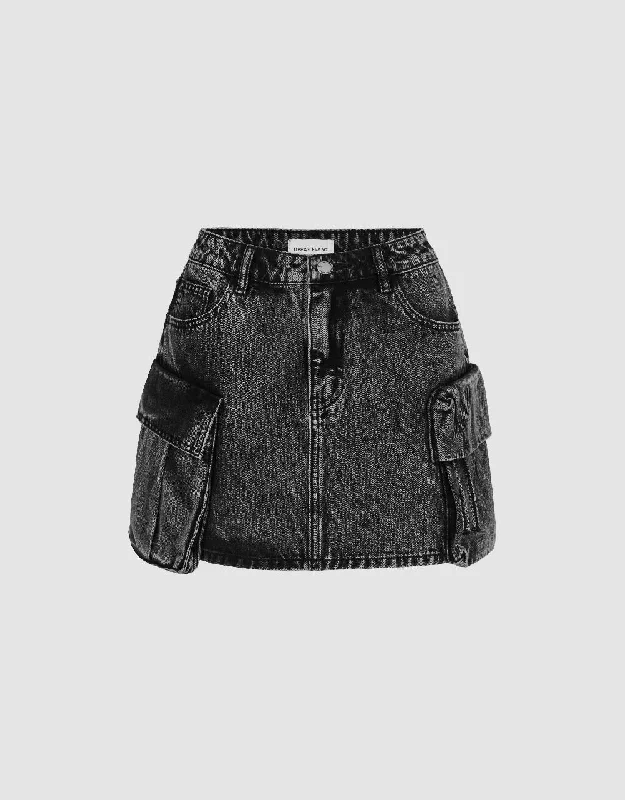 Multi-Pocket Mini Straight Denim Skirt wool skirt breathable