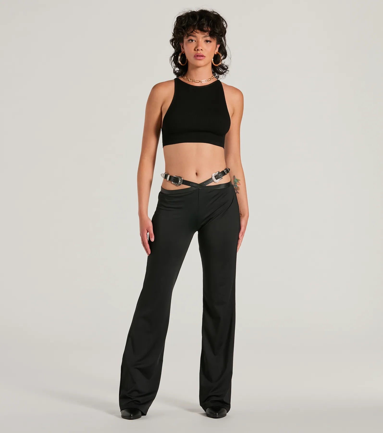 Country Edge Buckle High-Rise Waist Flare Pants Trendy Tapered Pants