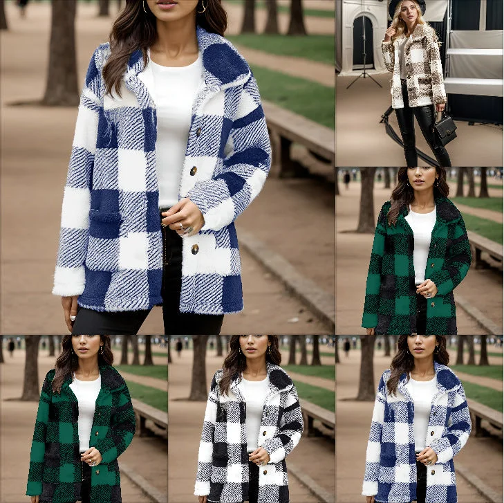 Women's Long Sleeve Plaid Button Loose Jacket With Pockets Zippered Front Buttoned Front Snap Front Women's Long Sleeve Plaid Button Loose Jacket With Pockets Zippered Front Buttoned Front Snap Front