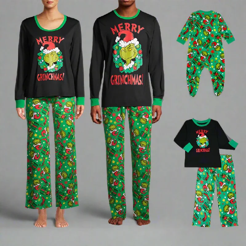 Family Matching "Merry Grinchmas" Christmas Pajama Set - Fun Holiday Grinch Design with Festive Green Pants Trendy High-Waist Trousers