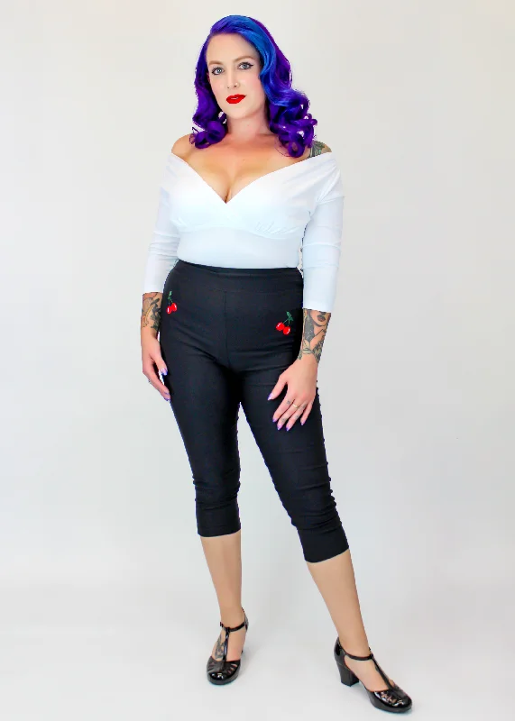 Black Pin Up High Waist Capri Pants - Embroidered Cherries #EM-HCC Casual Wide Pants