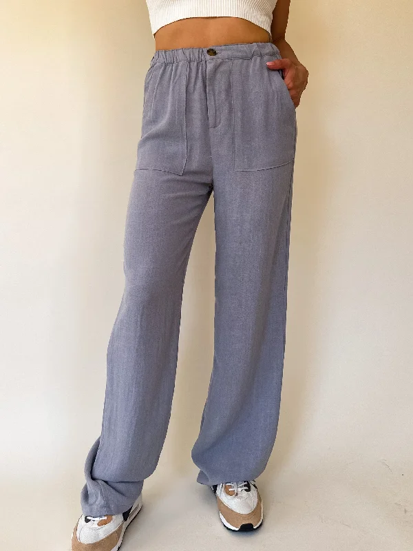 Button Linen Pants - Grey/Blue Chic Faux Leather Pants