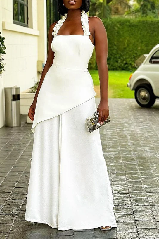 storexq White Halter Collar Glamorous Irregular Wide Leg Pant Suit Elegant Palazzo Trousers