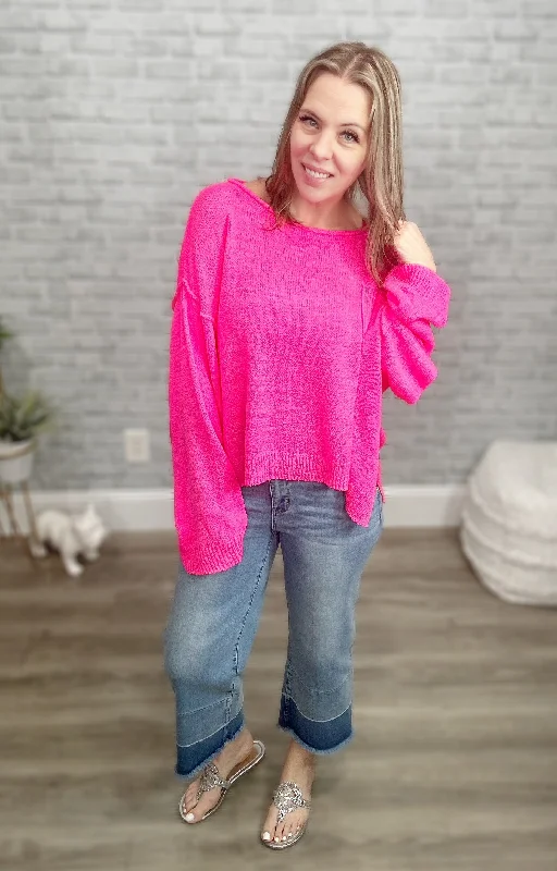 Hot Pink Lightweight Wide Neck Sweater Velvet Chenille Corduroy