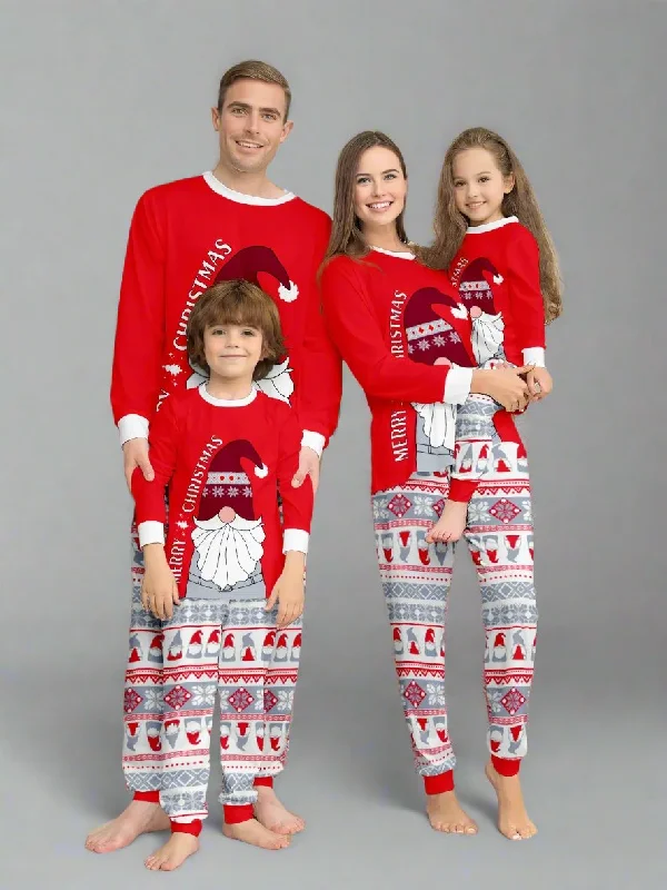 Family Matching Christmas Pajama Set - Festive Santa Gnome Print in Red and Grey with Cozy Nordic Pattern Pants Stylish Harem Pants