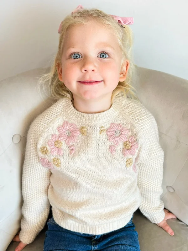 Embroidered Flowers Knit Sweater | GInger Houndstooth Herringbone Solid