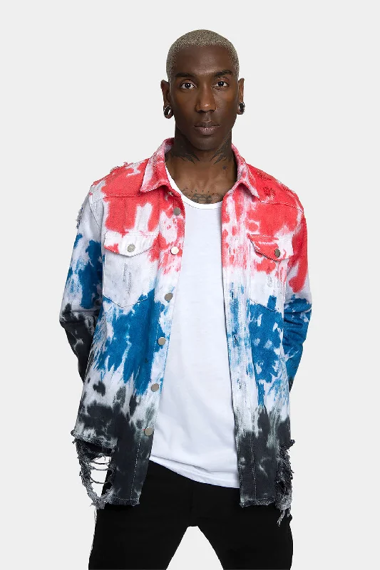 Ripped Tie Dye Denim Jacket Wool Fabric Cashmere Fabric Tweed Fabric