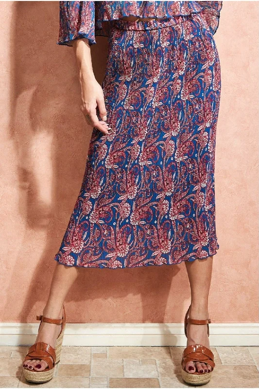 City Goddess Printed Shirred Midi Skirt - Blue cashmere skirt soft