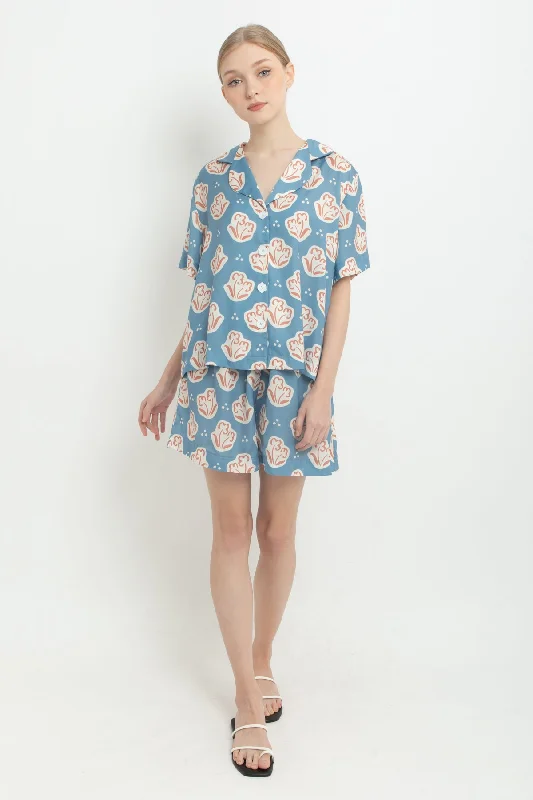 Blue Dahlia Basic Pajamas Short Pants in Soft Blue Comfy Zip-Up Pants
