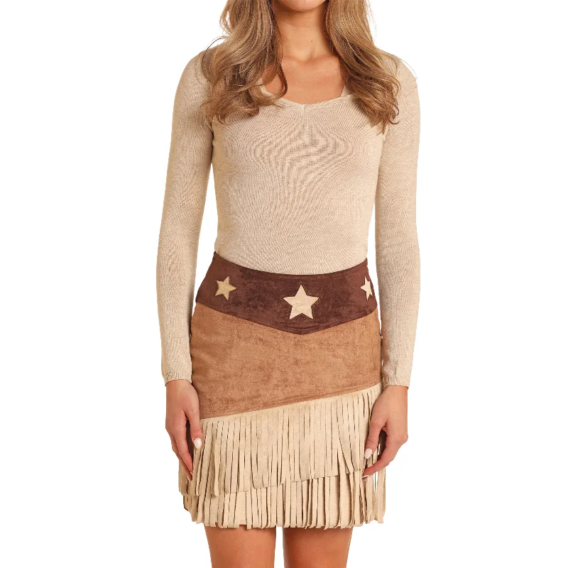 Panhandle Ladies Khaki Star Skirt With Fringe BW69B05232 maxi skirt elegant