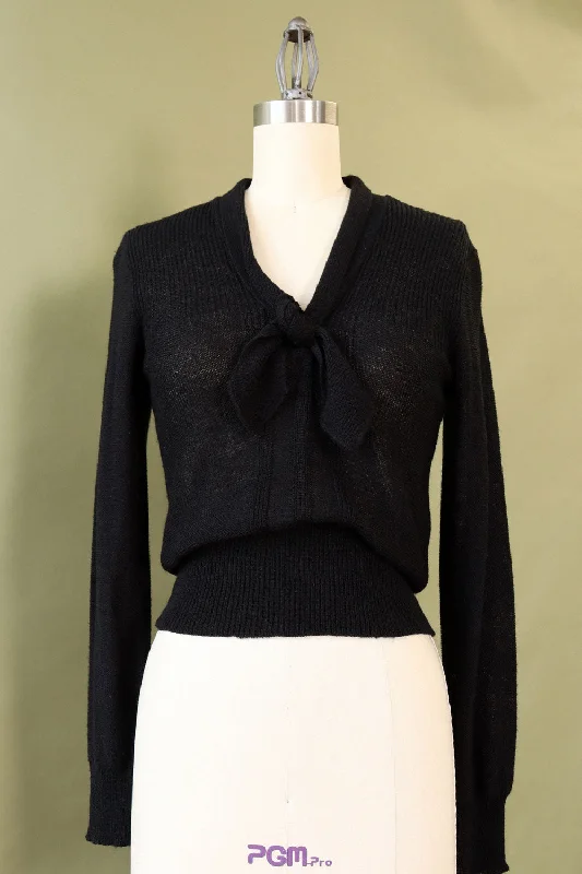 Lightweight Black Tie Neck Sweater XS/S Boat Neck Shawl Collar Notched Collar