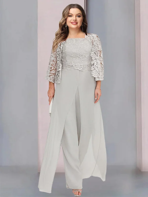 Chiffon Square Neck Floor-Length Plus Size Mother of the Bride Pantsuits with Jacket & Split Side Casual Skinny Fit Pants