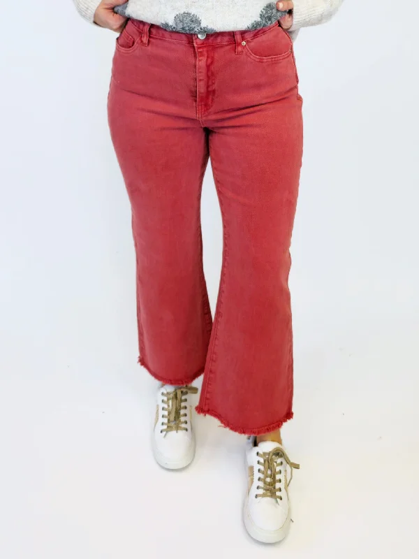ACID WASHED HIGH WAIST FRAYED HEM BOOTCUT PANTS - CABERNET Casual Plaid Pants