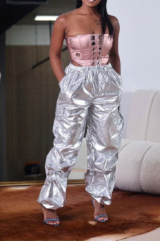 storexq Metallic Punk Multi Pocket Pants Slim Fit Casual Pants