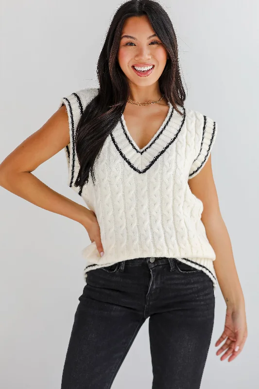 FINAL SALE - Posh Scholar Cable Knit Sweater Vest Notch Collar Peter Pan Collar Cowl Neck