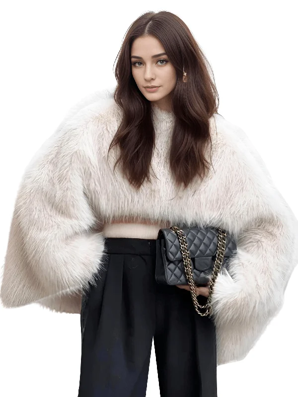 Elegant Women's Faux Fur Crop Top Long Lantern Sleeves Thick Sweaters Female Autumn Winter Fashion Solid Warm Outwears Lady Mesh Fabric Canvas Fabric Denim Fabric