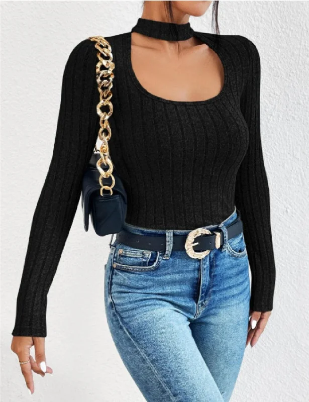 Ladies Solid Color U Neck Knit Sweater G1059 Fitted Slim Tailored