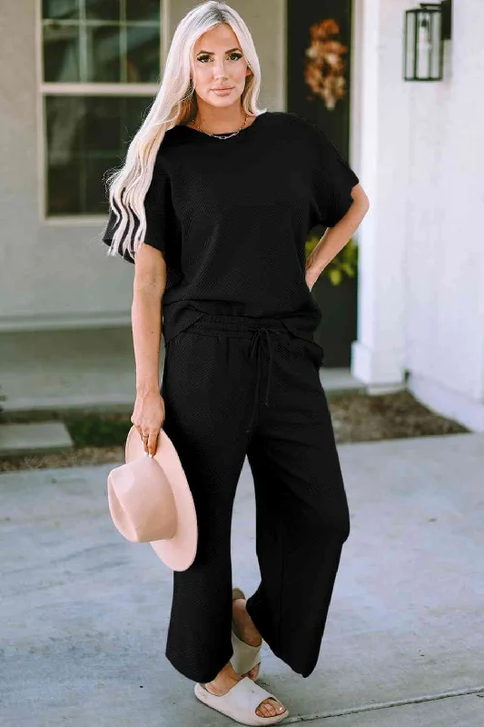 Incredible Textured Short Sleeve Top and Pants Set Classic Chino Pants