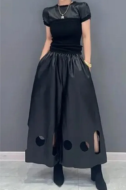 storexq Solid Color PU Modern Cutout Wide Leg Pants Casual Lounge Pants